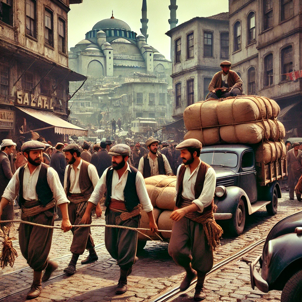 1970'li yıllarda İstanbul'un tarihi sokaklarında, çeşitli araçlar ve makinelerle desteklenen hamalların ticaretin bel kemiği olarak görev yaptığı bir sahne. Görselde, hamallar ağır yükleri taşırken geleneksel kıyafetler içinde, ipler ve ahşap desteklerle çuvallarını sırtlıyorlar. Venedik ve Cenova gibi ticaret şehirlerinin dinamiklerini yansıtan İstanbul pazarında, antik dönemden sanayi devrimine uzanan hamallık tarihinin izleri görülüyor. Arka planda tarihi binalar, kalabalık bir pazar yeri, kaldırım taşlarıyla döşeli yollar ve park etmiş vintage arabalar yer alıyor. İnsanlar pazarda alışveriş yapıyor, sosyal ve kültürel bir atmosfer içinde etkileşimde bulunuyorlar. Uzakta Galata Kulesi gibi ikonik İstanbul mimarisi beliriyor. Bu sahne, hamallık mesleğinin İstanbul'un sosyal ve ekonomik yapısındaki önemini gösteriyor.