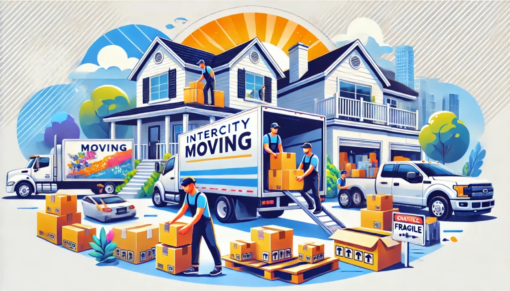 Şehirlerarası nakliyat sürecini gösteren bu görselde, modern bir evin önünde park etmiş profesyonel bir nakliye kamyonu görülüyor. Nakliye firması çalışanları, taşınma süreci kapsamında kutuları ve mobilyaları dikkatlice kamyona yüklüyor. Kutular üzerinde "Kırılabilir" etiketleri bulunuyor. Güneşli bir günde gerçekleşen bu taşınma işlemi, güvenilir nakliyat hizmetinin organize ve başarılı bir şekilde yürütüldüğünü vurguluyor. Aile üyeleri, taşınma hazırlıkları sırasında taşınma sürecini izliyor.