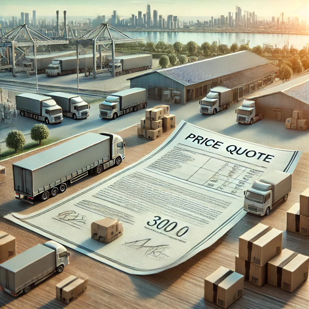 Fiyat teklifi sürecini temsil eden bir lojistik merkezinde, farklı renkte kamyonlar ve depolar arasında taşınan ürünler ve fiyat teklifi belgesi öne çıkıyor. Modern lojistik operasyonlarını yansıtan yoğun bir ortam.